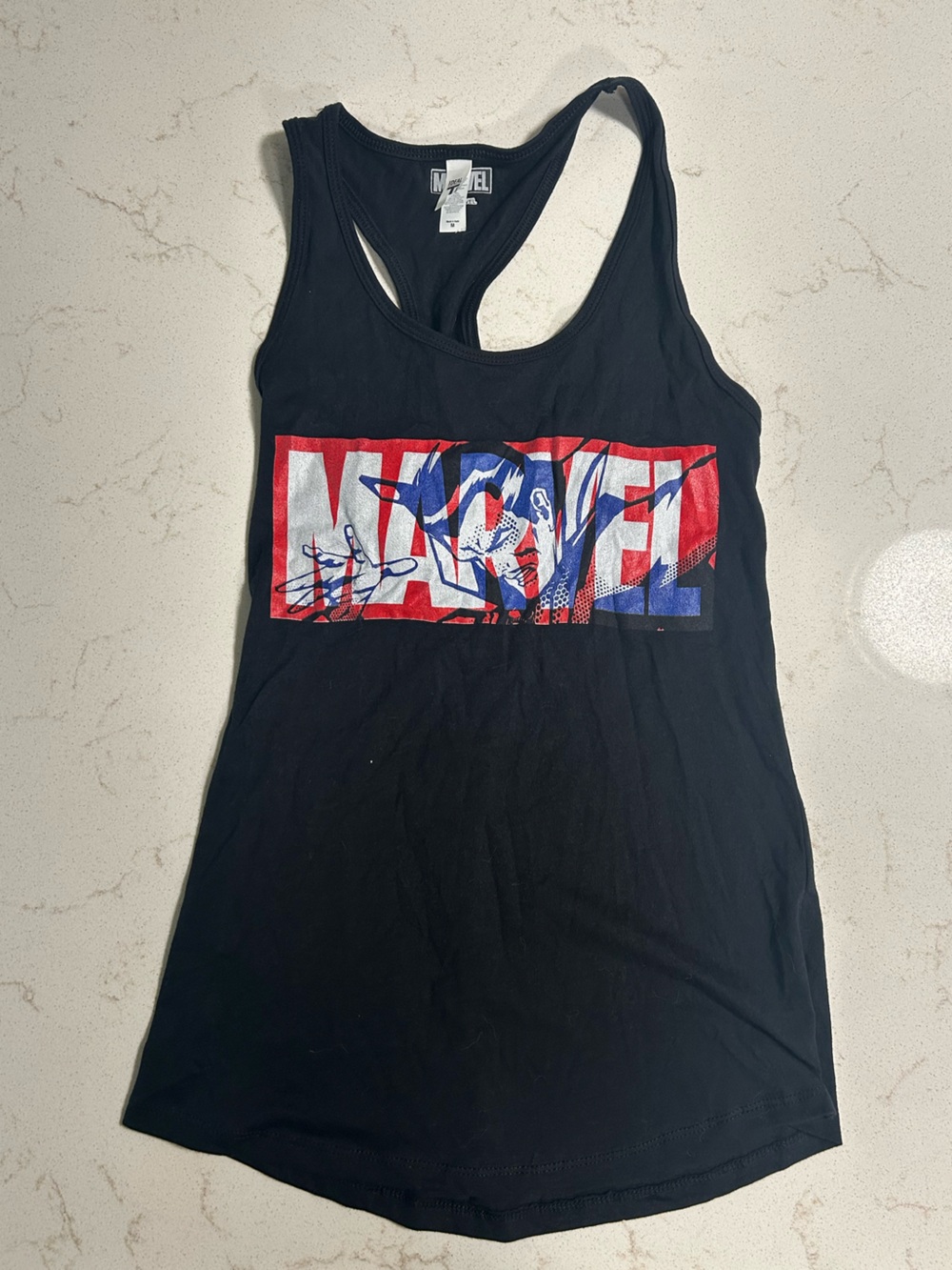 Next Level Apparel Black Women's Racerback Tank with Red & Blue Marvel Logo